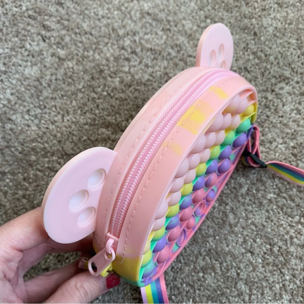 Girls Rainbow Bear Pop-It Fidget Shoulder Crossbody Purse With Zipper